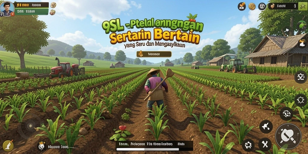 Screenshot gameplay 9SL menampilkan suasana kebun yang asri dan interaktif.