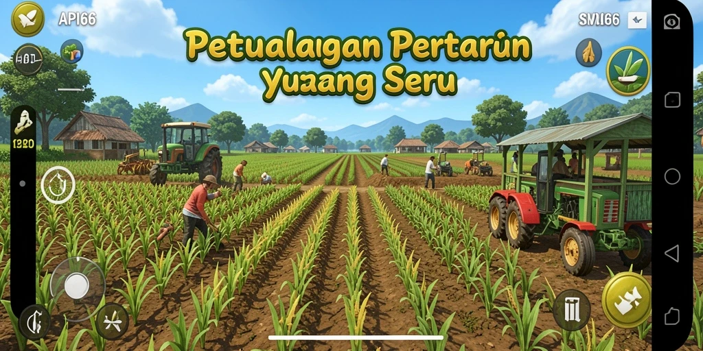 Screenshot gameplay menampilkan ladang hijau yang subur dan hewan ternak.
