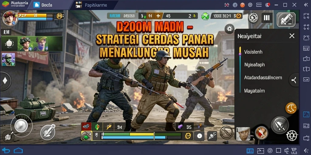 Screenshot utama D200M menampilkan aksi strategi yang intens.