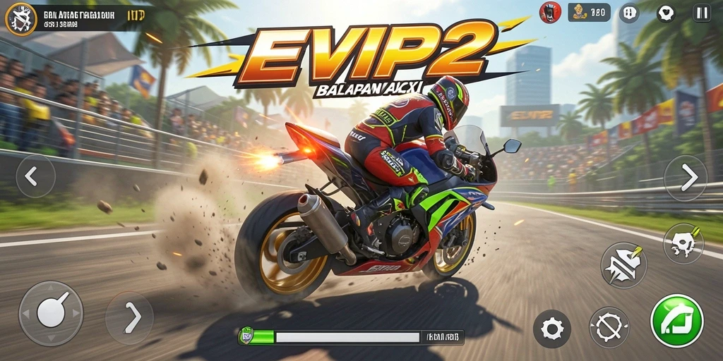 Screenshot gameplay EVIP2 menunjukkan aksi balapan motor yang mendebarkan.