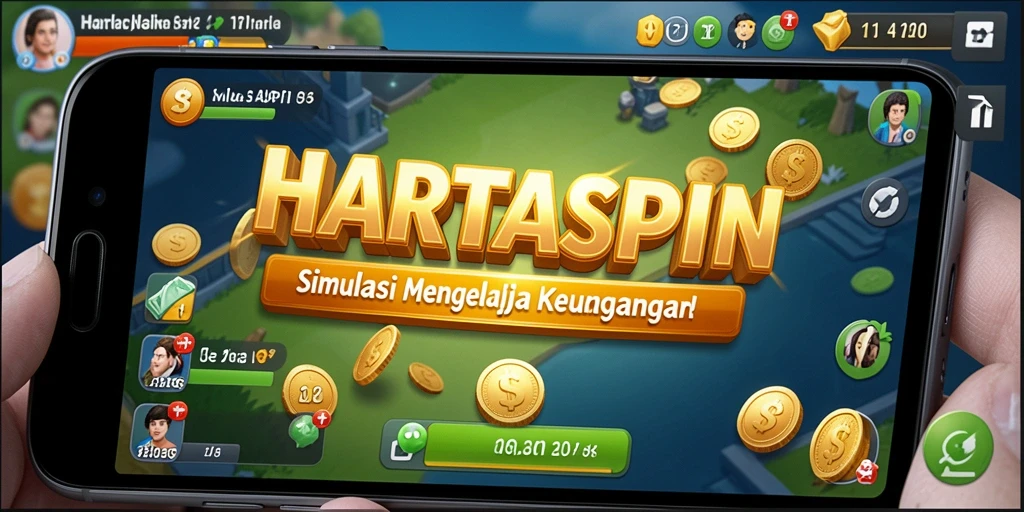 Tampilan gameplay HARTASPIN dengan simulasi keuangan yang seru.