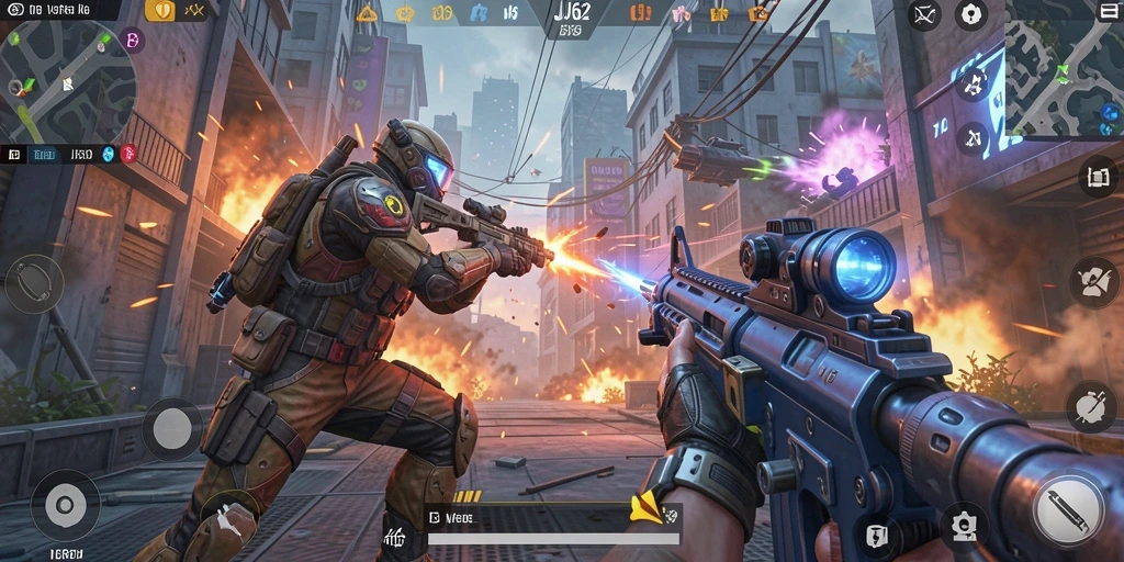 Screenshot gameplay JJ62 menampilkan aksi tembak-menembak yang seru.