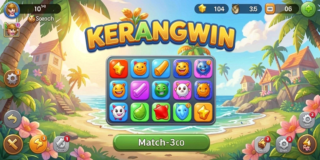 Screenshot gameplay KERANGWIN menampilkan momen seru mencocokkan kerang.