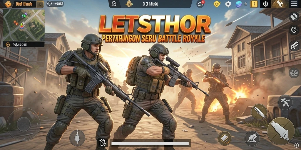 Screenshot utama LETSTHOR menunjukkan aksi seru dalam arena Battle Royale.