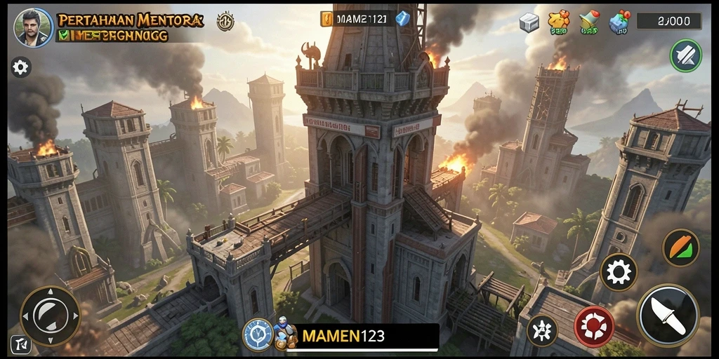 Tampilan gameplay MAMEN123 yang menegangkan dalam pertahanan menara.