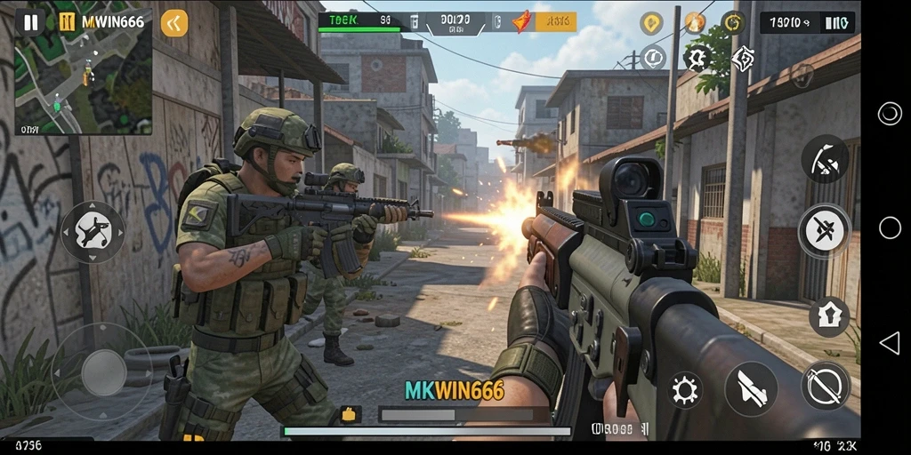 Screenshot gameplay MKWIN666 menampilkan aksi tembak-menembak yang mendebarkan.