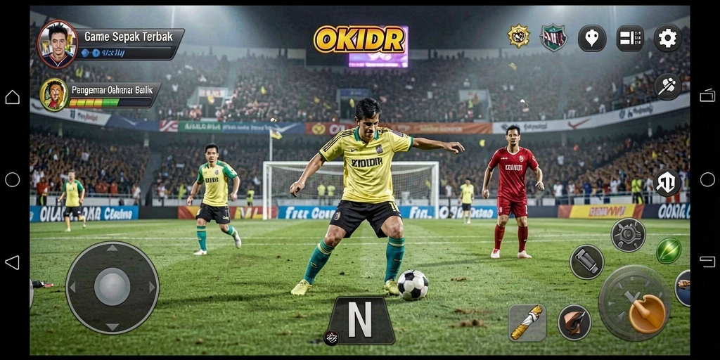 Screenshot gameplay OKIDR dengan aksi seru di lapangan sepak bola.