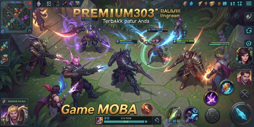 Tampilan screenshot utama PREMIUM303 yang menampilkan pertempuran mendebarkan di arena MOBA.
