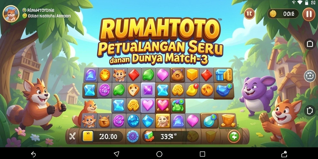 Screenshot RUMAHTOTO menunjukkan gameplay Match-3 yang penuh warna dan seru.