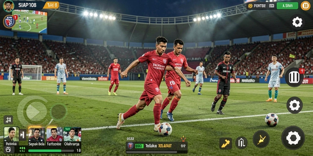 Tangkapan layar gameplay SIAP108 yang menampilkan aksi di lapangan sepak bola.