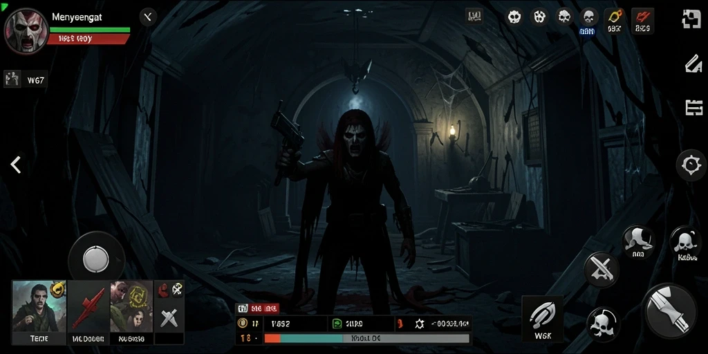 Screenshot menampilkan gameplay menegangkan dari W67 di lingkungan yang gelap.